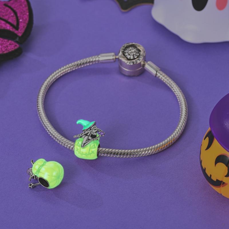 New Halloween Charm Copper Glow-In-The-Dark Pumpkin Beads Fits Bracelet For Kids Cute Black Cat Necklace Gift