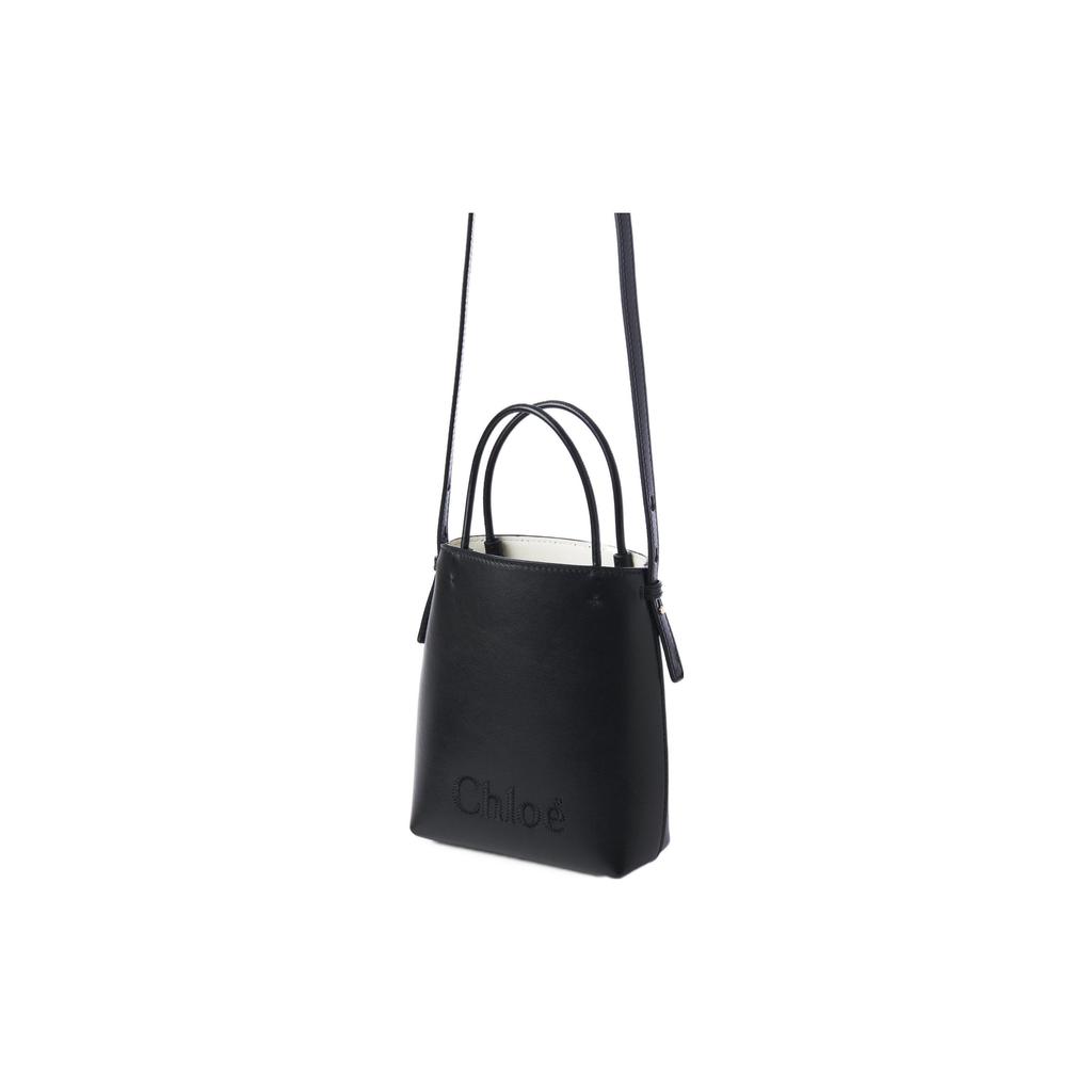 Chloe Sense Embroidered Logo Adjustable Strap Shiny Calfskin Mini Handheld Shoulder Crossbody Bag Women Bags Black CHC23-UP873I10-001