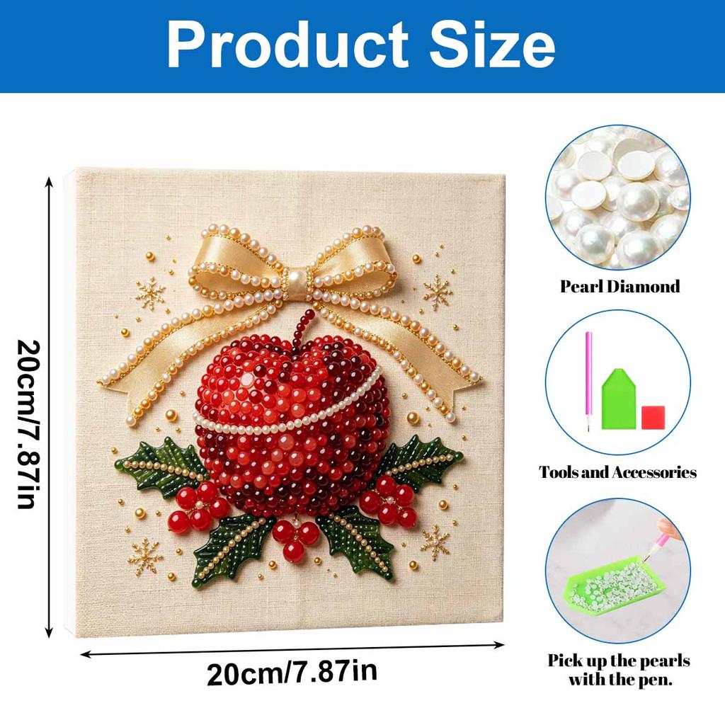 DIY 5D Pearl Painting Kit Framed with Festive Christmas Apple and Holly Bow Design Sparkling Bead Canvas Art Creative Gift for Nursery Room Decor