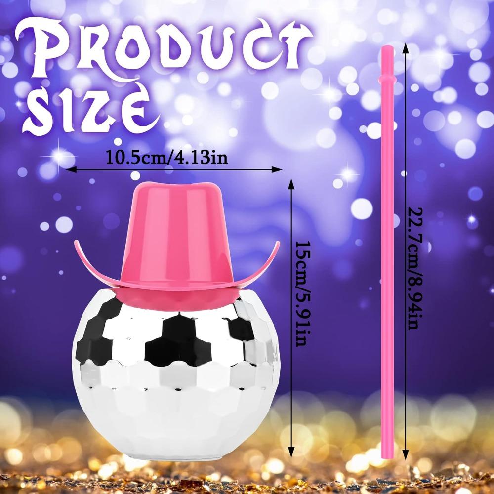 2pcs Disco Ball Cups Pink Cowgirl Hat Mirror Party Cup with Straws Silver 70s Cocktail Cup Sparkling Tumbler Wine Glass