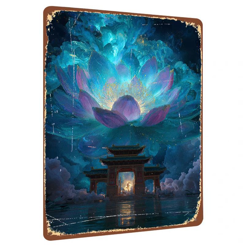 

Chinese Ancient Style Lotus Cloud Temple Metal Iron Painting Living Room Decorative Wall Art Home Decoration 20x30cm（7.8x11.8inch）