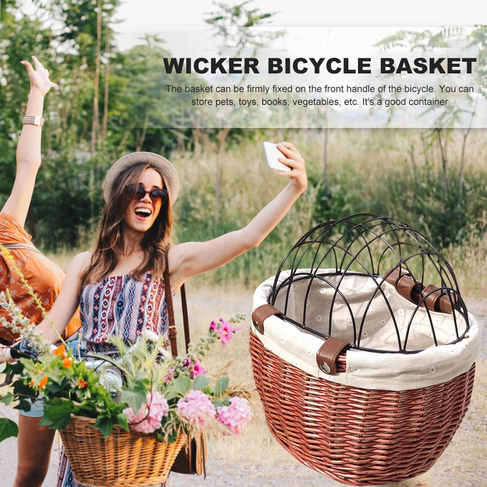 Bicycle Basket Rattan Wicker Bike Front Basket for Small Dogs Cats Pet Carrier Bag Waterproof for Camping Cycling Accessories