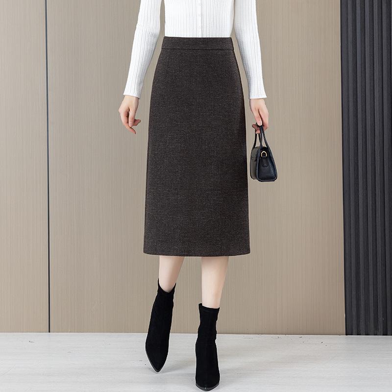 2025 Woolen High Waist A-Line Mid-Length Skirt for Women - Autumn/Winter Hip-Wrap Style