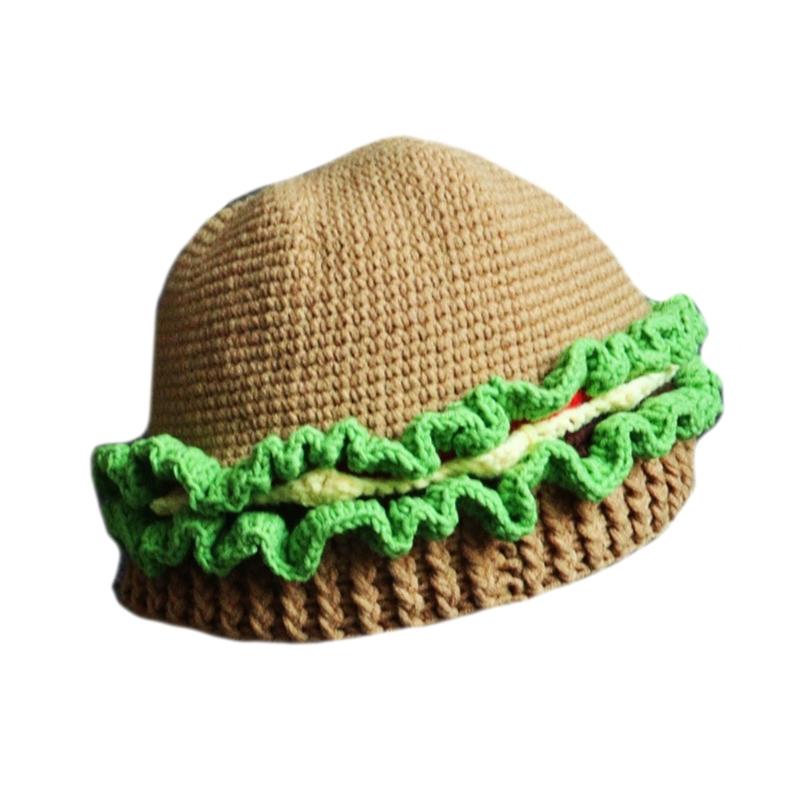 Funny Hamburger Beanies Hat for Adult Unisex Skull Hat Crochet Burger Shape Hat Headwear Halloween Costume Accessories