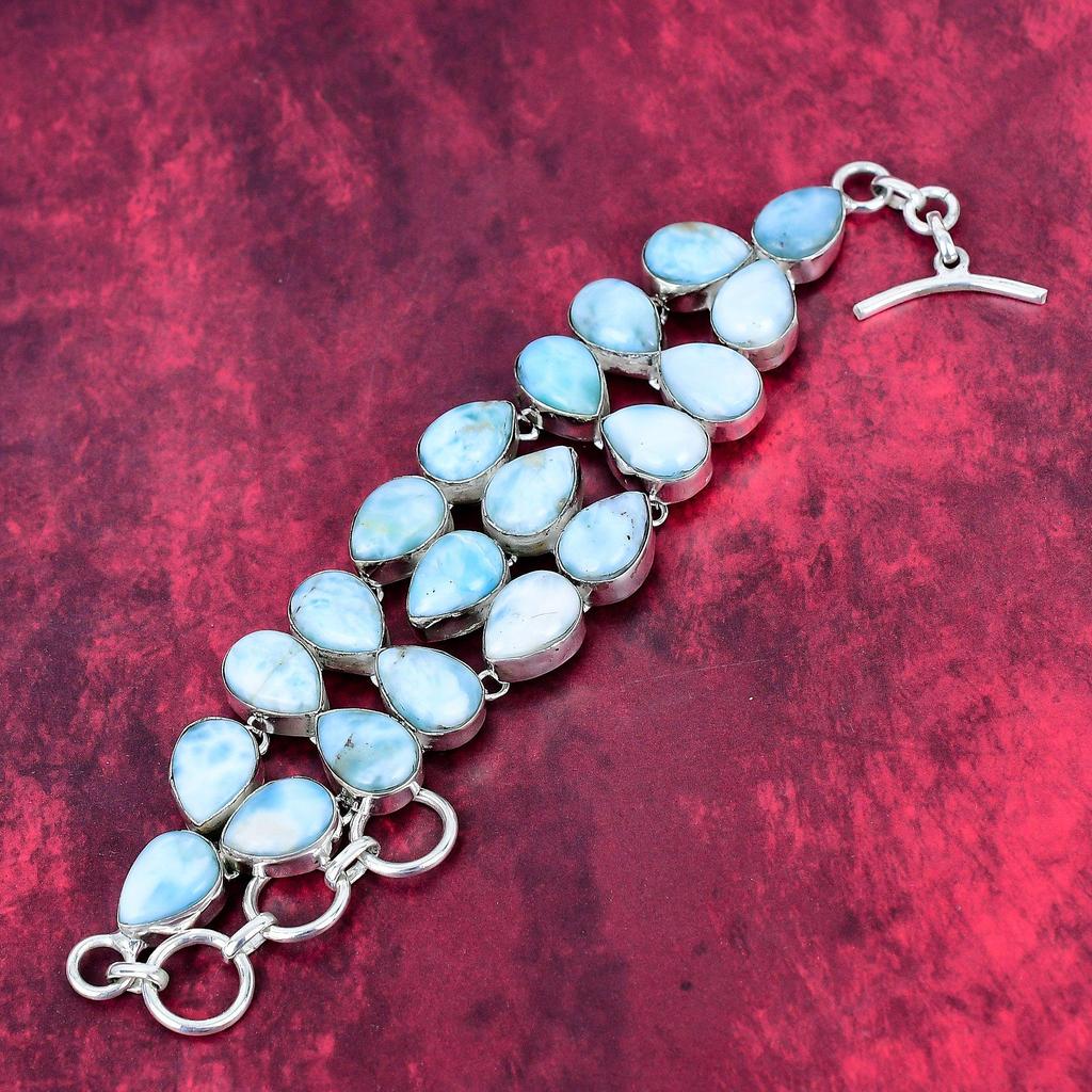 Larimar 925 Solid Sterling Silver Bracelet with Adjustable Chain, Handmade Gemstone Jewelry Bracelet For Memorial Day