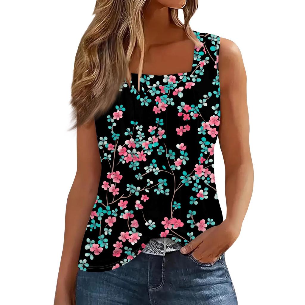 Women's Pleated Square Collar Sleeveless Vest Print T-shirt