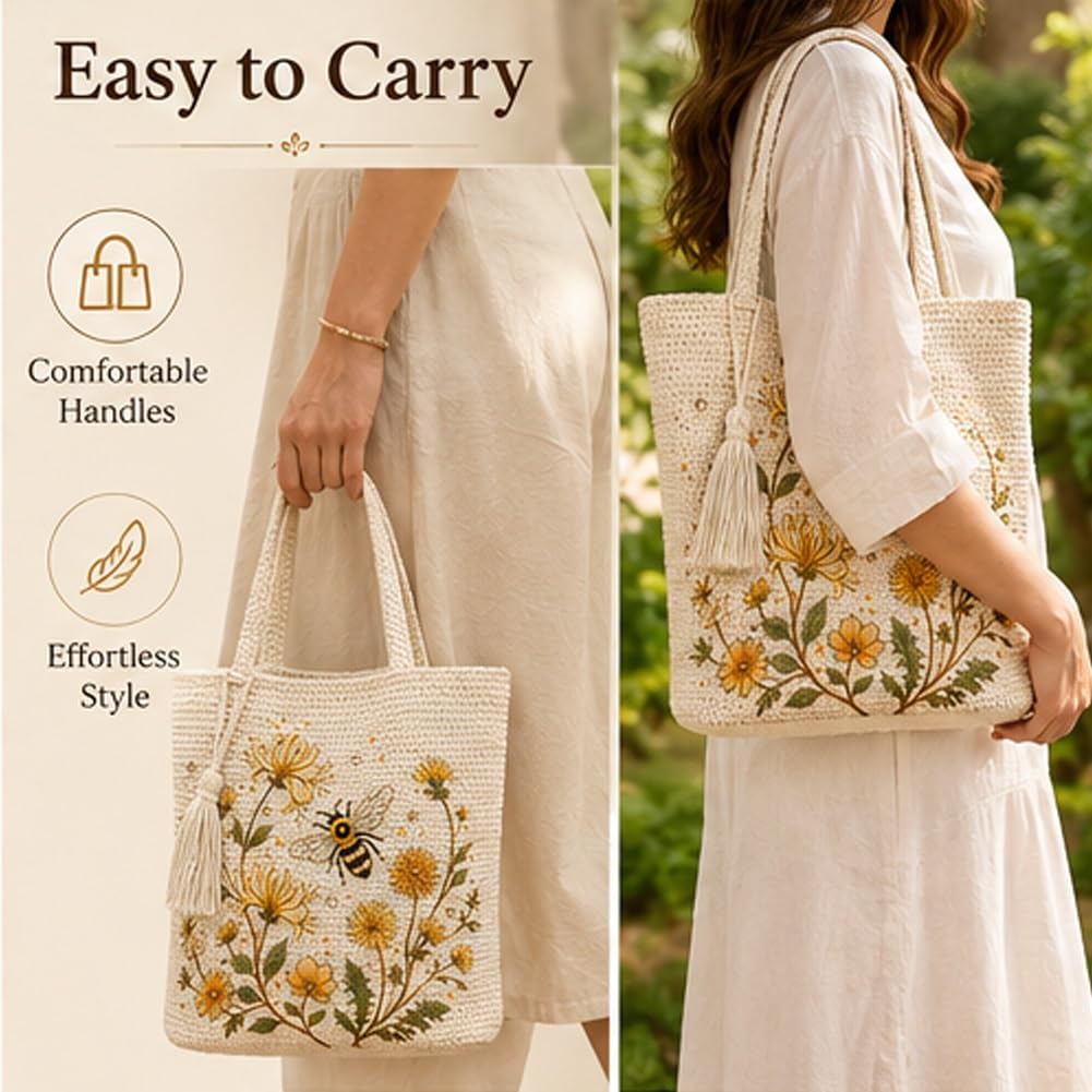 Women's Crochet Embroidered Bag for Shopping, Beach and Casual Outings