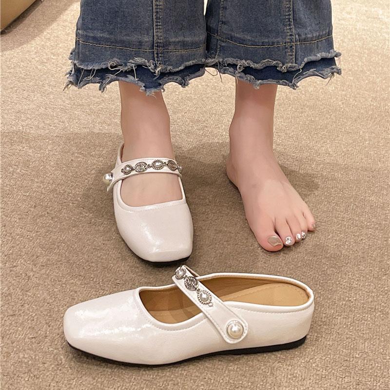 Fashion Inside Heightened Wrapped Head Semi-drag Fashion Square-toe Shallow-mouth Metal Buckle One-band Soft-sole Non-slip Flat Shoes
