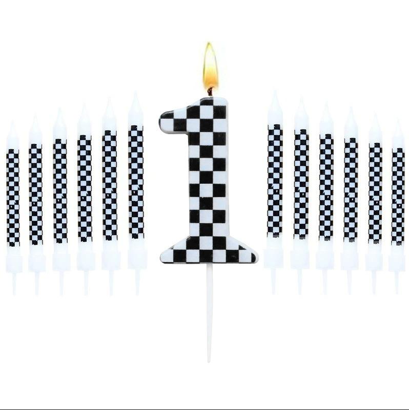 1/6/12/13 Pcs Racing Cars Themed Birthday Candles Black and White Race Number Checkered Candle Cake Topper for Racing Car Party