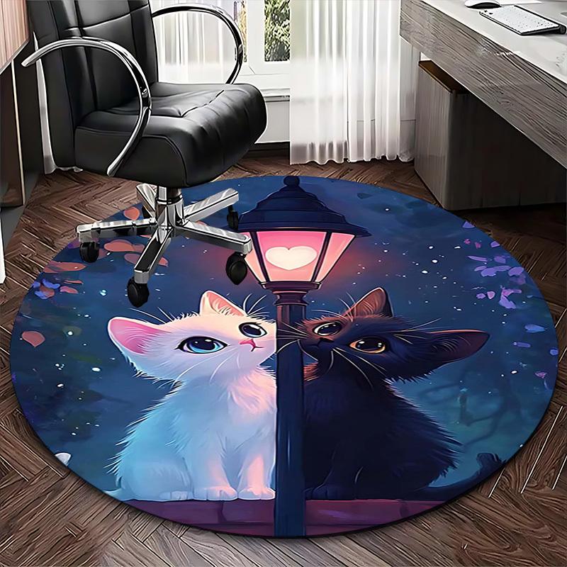 1pc Anime Design Round Carpet Cute Cat Couple with Heart Shaped Light Fixture, Office Chair Mat, Non Slip Rug for Home Decor