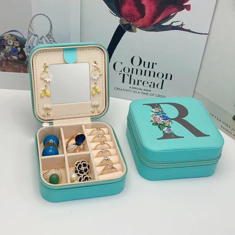 PU Leather Jewelry Box Mirror Storage Box 26 Letter Printed Portable Jewelry Organizer Earring Ring Necklace Case