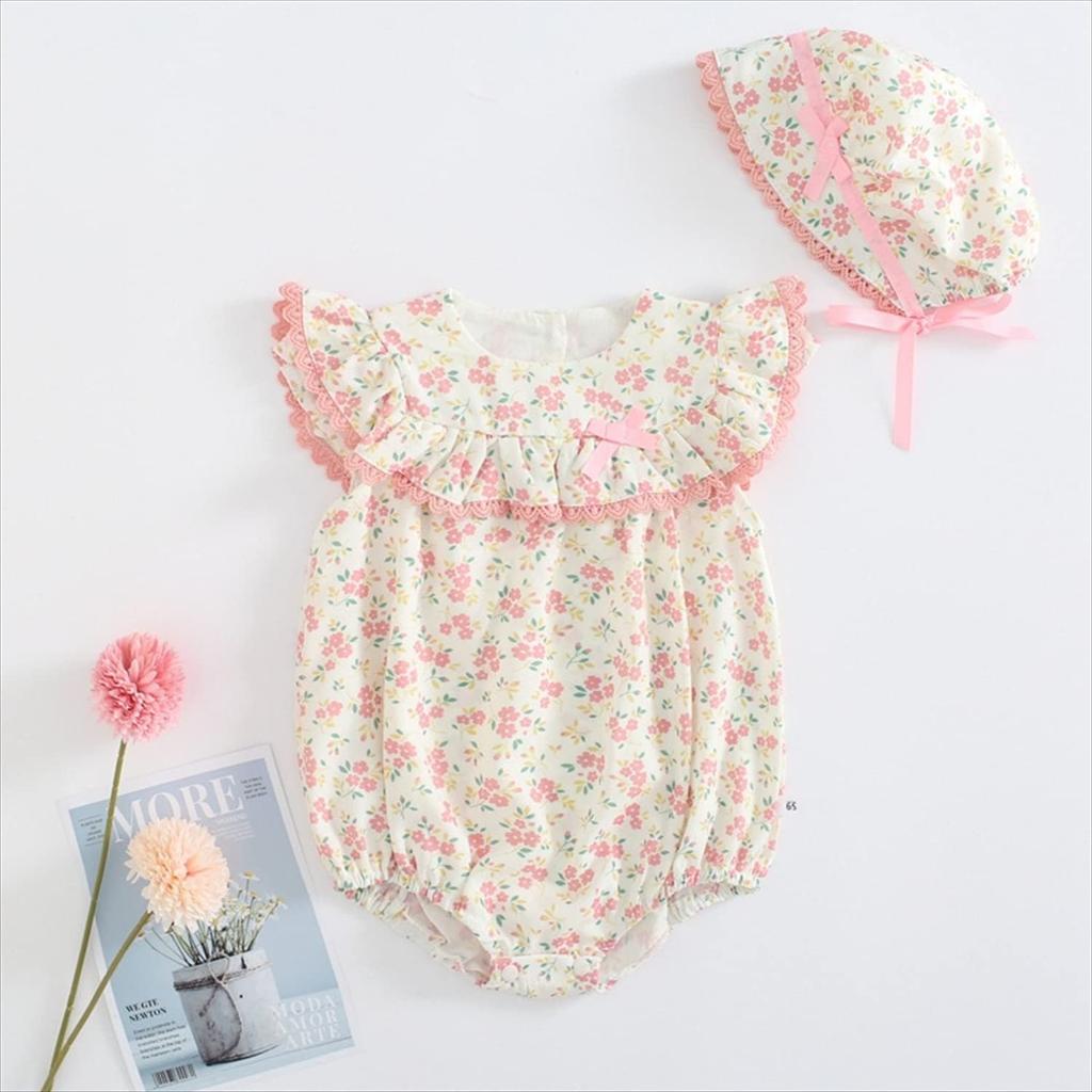Romper Bodysuit Jumpsuit Summer Flower Floral Baby Newborn Hat Set Girls Pink 6Months [Misia Luxury] [27146-27155]