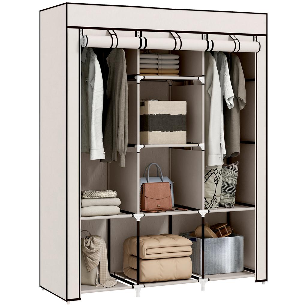 Multi-Storage Wardrobe, 8 Shelves, 2 Hanging Rails, Cream Non-Woven Fabric