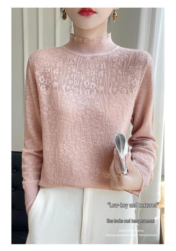 2025 Women's Lace Patchwork High Collar Imitation Wool Sweater with Ruffle Trim