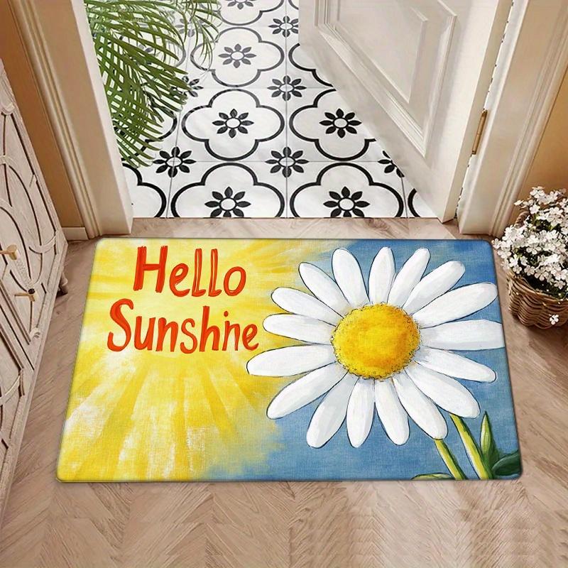1pc Sunshine & Flowers Kitchen Mat - Non-Slip, Floor Mat with "Hello Sunshine" Design, Polyester Flannel, Perfect for Entryway,