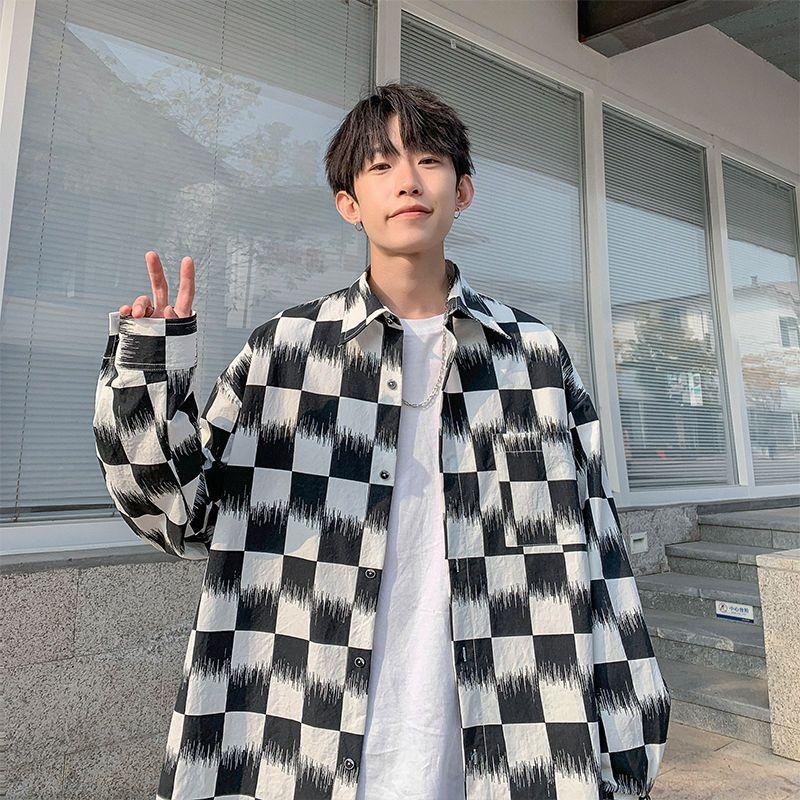 Checkerboard Shirt Men's Long-sleeved Trendy Handsome Large Size Shirt Versatile Casual Jacket