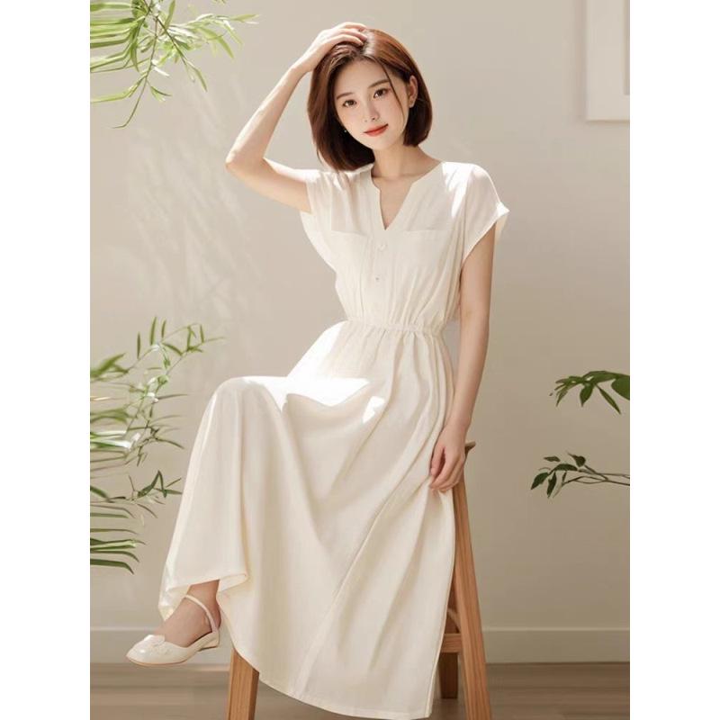 

2026 Summer French Retro Mid-Length White Dress for Women - Elegant, Simple, and Luxurious S [recommended 40-48 kg] белый