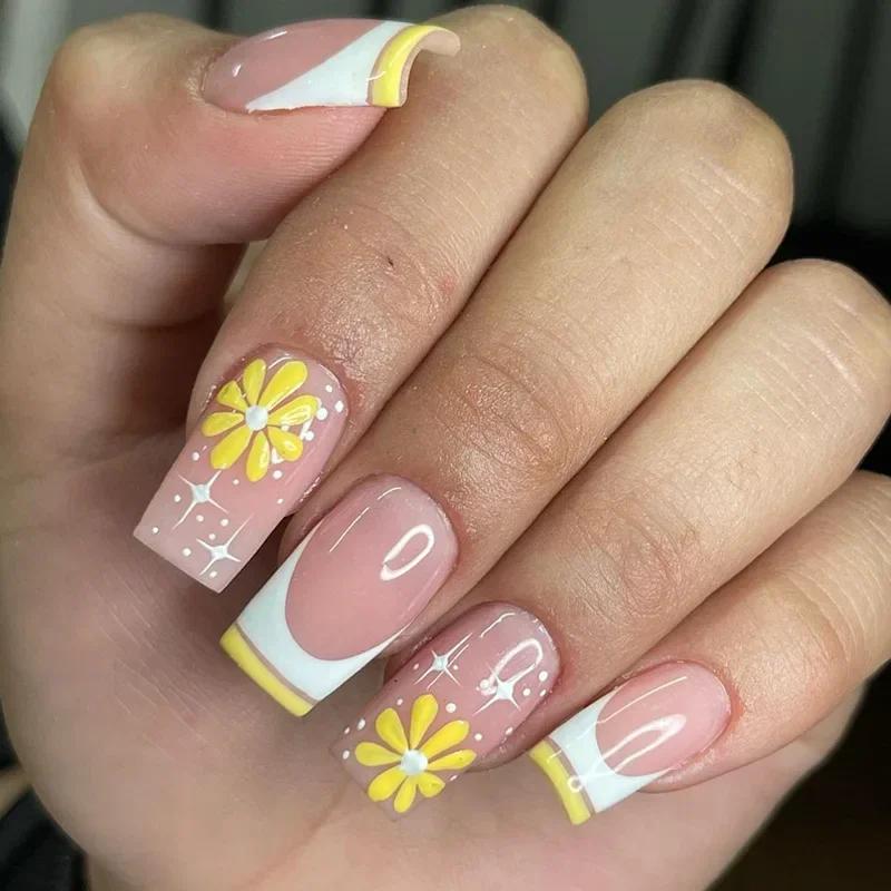 24Pcs Simple Square False Nails Short French Fake Nails Press On Colorful Flowers Design Full Cover Nail Tips Manicure Tools