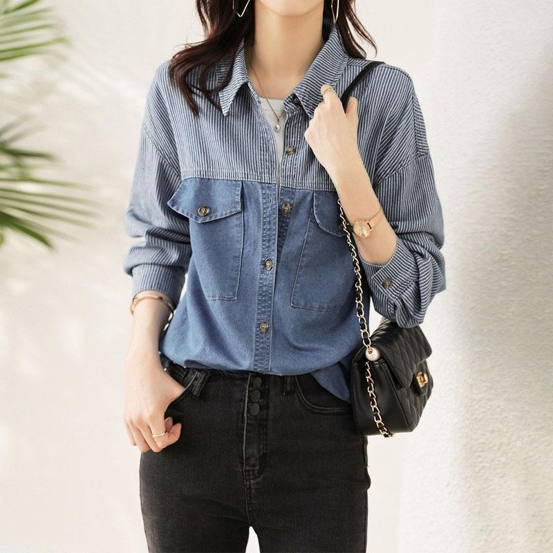 Denim Spliced Polo-Neck Casual Blouse Women Korean Commute Striped Single-breasted Loose Shirt Long Sleeve Female Clothing