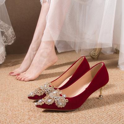 Rhinestone Flower Wedding Shoes 2025 New Bridal Shoes Wedding Dress Two Wear Design Sense Stiletto High Heels Women's Single Shoes