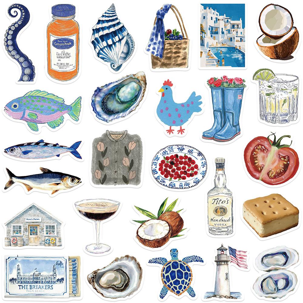 10/30/50pcs Vintage Watercolor Cartoon Open Sea Stckers Blue Coastal Life Graffiti Decals for Suitcase Car Aesthetic DIY Sticker