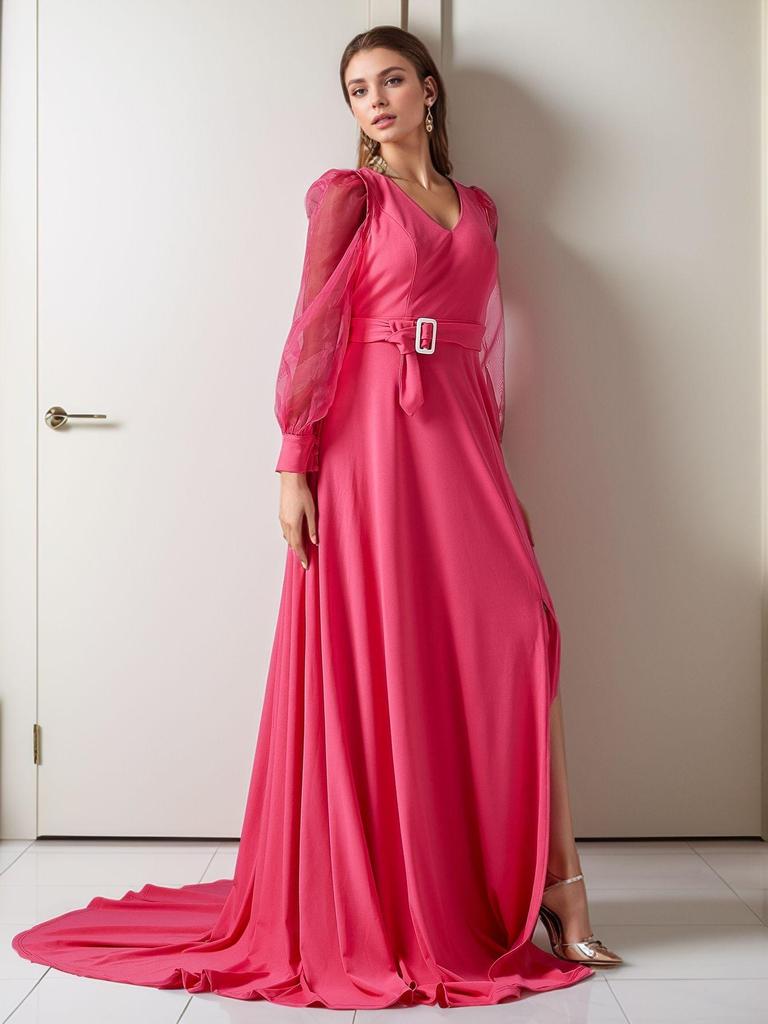 Elegant European & American Solid Color V-Neck Long Sleeve Evening Gown with Big Swing