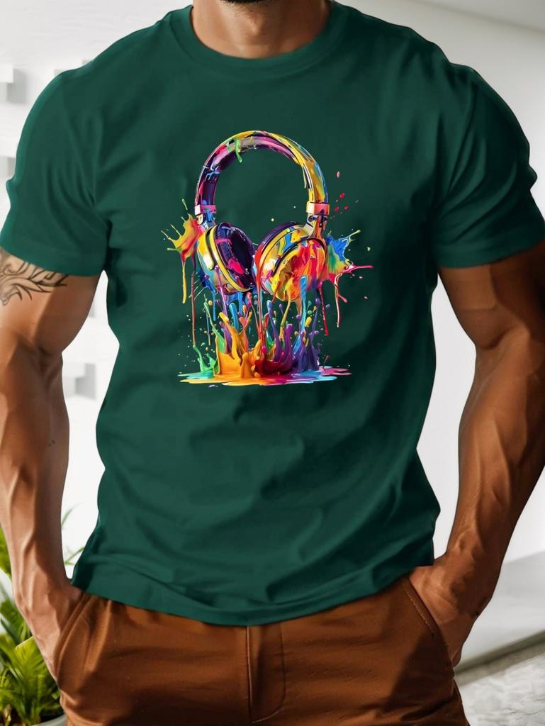 Men's T-Shirt Music Headphone Print Short Sleeve T-Shirt Lightweight Breathable Fabric Weekend Outfit Modern Style Men Clothes