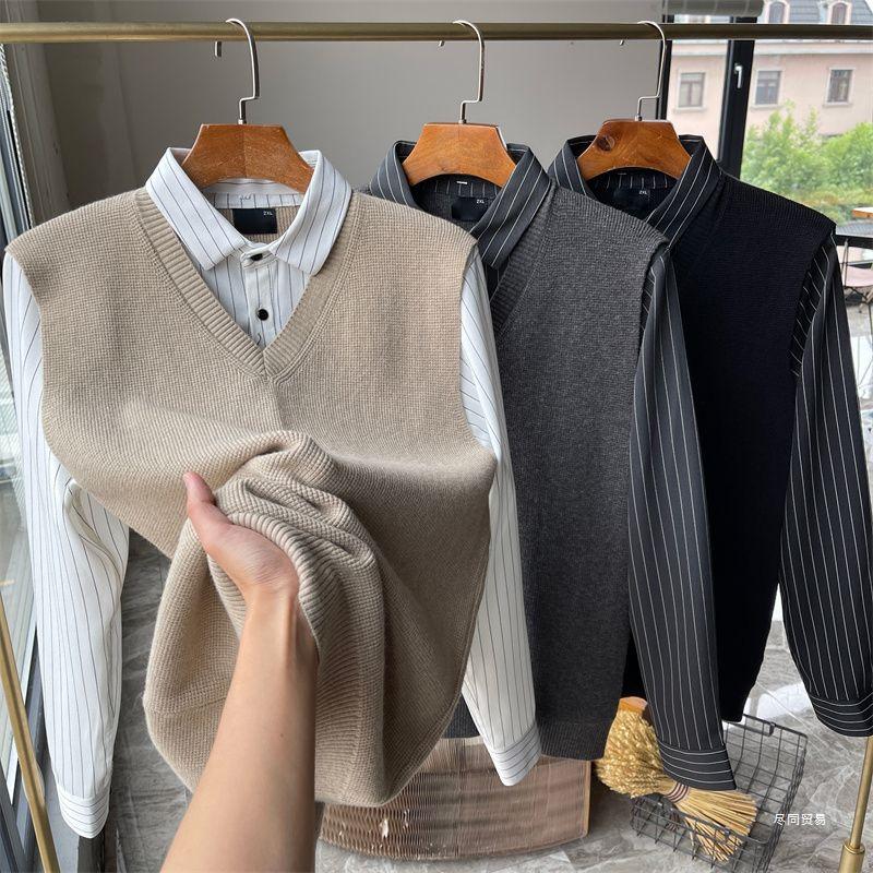 British-Style Knit Vest Shirt: Soft, Textured, Casual Two-in-One Sweater for Men - Perfect for Autumn and Winter.