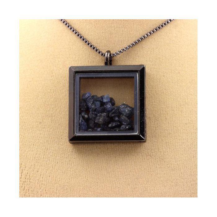Stones and Minerals. Raw Sapphire Necklace. Square Model. Color Black.
