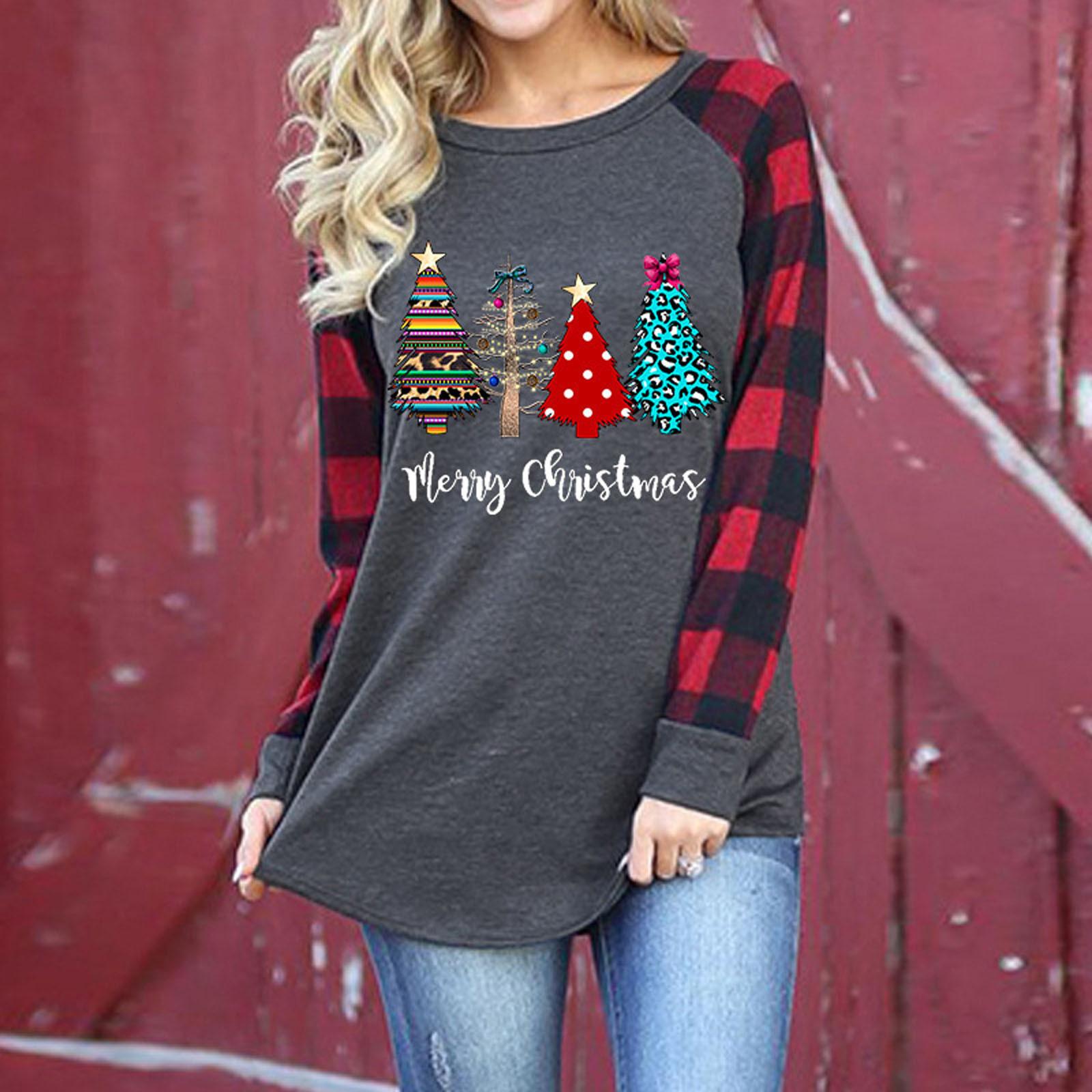 

Fashion Women Christmas Printing Plaid Stitching Long Sleeve T-Shirt Tops