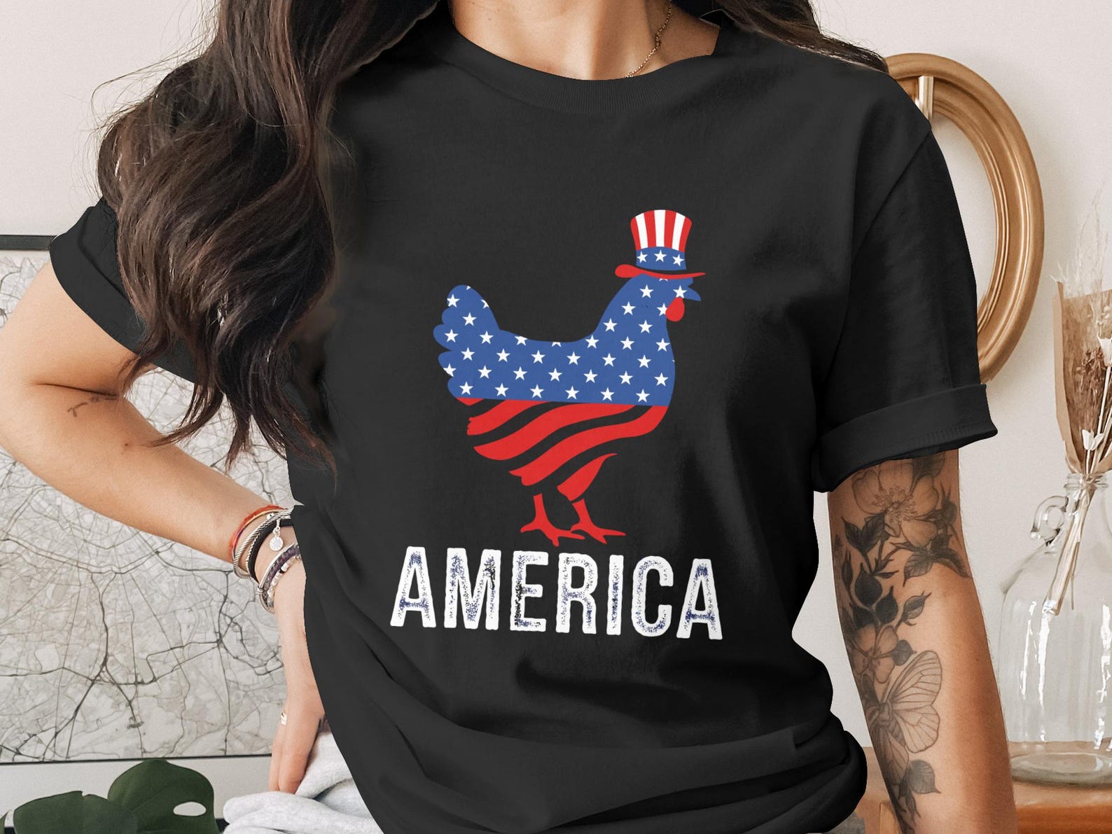 Patriotic Chicken T-Shirt | American Flag Rooster Tee | Distressed America Fourth of July Shirt | Uncle Sam Chicken Independence Day Gift L