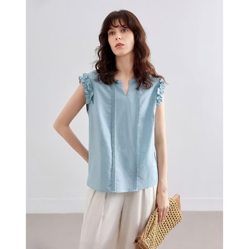 Demana 2026 Summer Women s Linen Blend Sleeveless Ruffle Shirt S