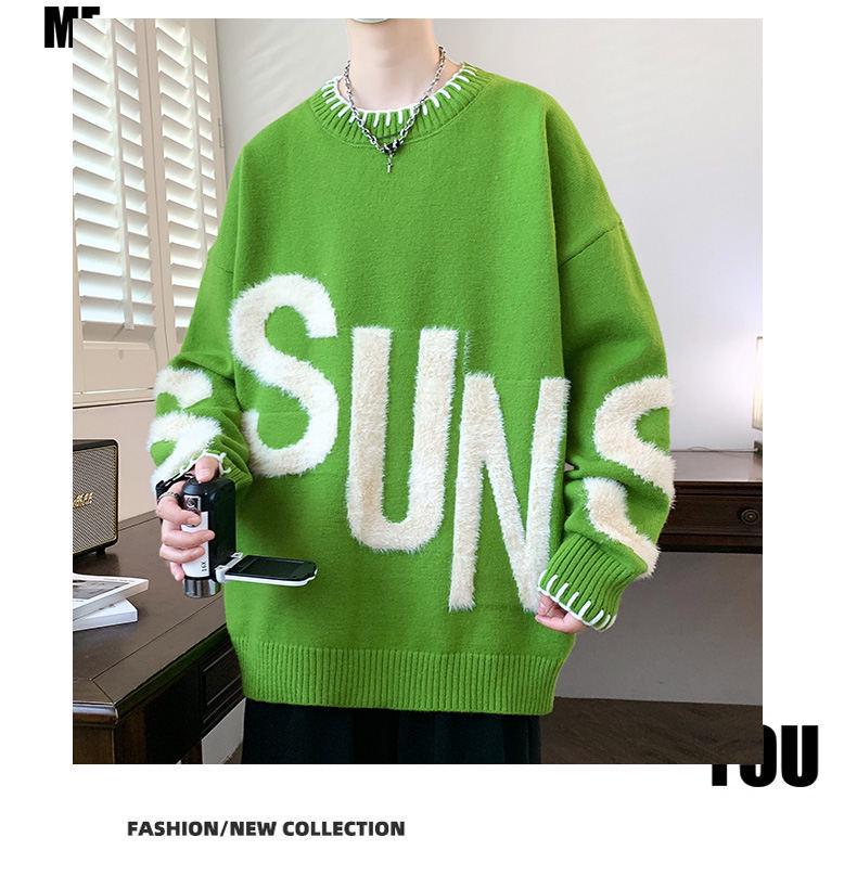 Men's Thickened Round Neck Letter Knit Sweater - Autumn/Winter Casual Jacquard Pullover