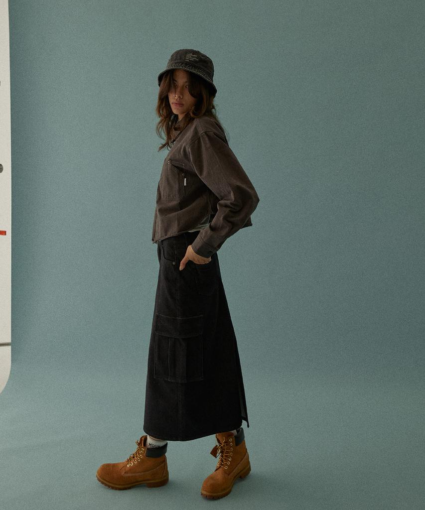 Mc Wood Gun Ronas 7994 Big Pocket Black Denim Long Skirt