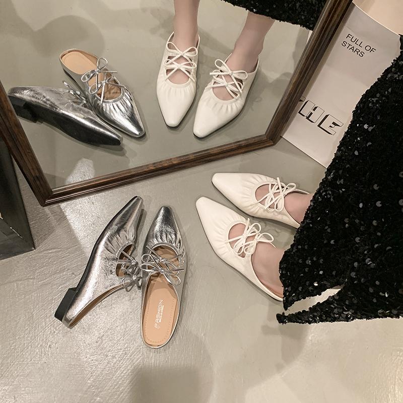 Female Shoes Butterfly-Knot Slippers Women Summer Increased Internal Low 2025 Silver Fabric  Janes PU Rubber Rome Butterfly-