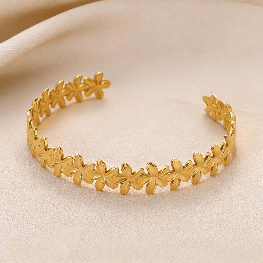 Gold Color Dainty Flowers Open Cuff Bangle Stainless Steel Bracelet For Women Wedding Party Vacation Jewelry Accessories Gifts