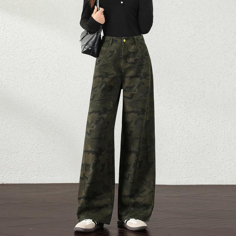 Ice crack camouflage wide-leg scimitar denim casual pants autumn new personalized fashion wide-leg pants