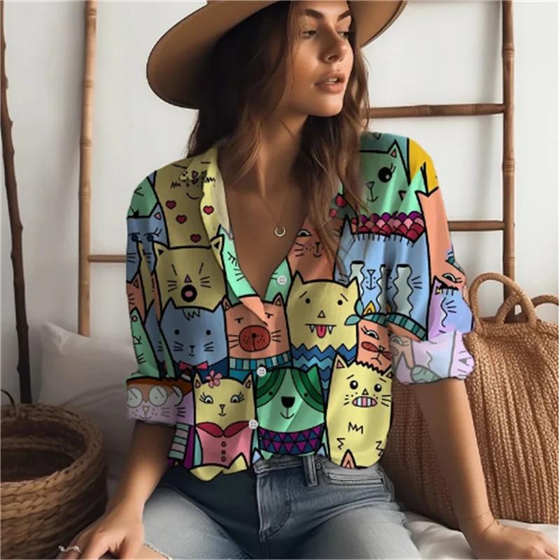 Sweet Cute Women's Shirt Casual Loose Comfortable Button Lapel Fashion Shirt Cartoon Cat Print Long Sleeve Blouses Spring