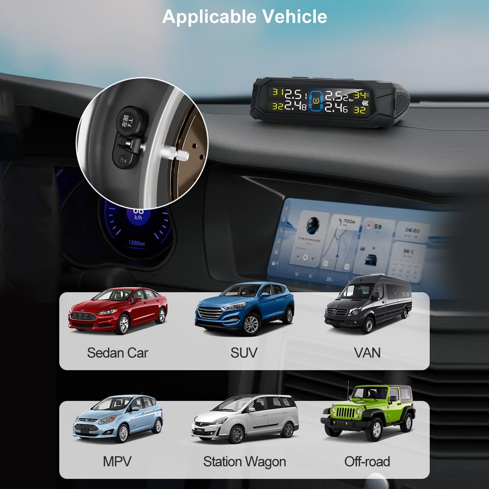 Wireless Tire Pressure Monitor HD LCD Display Real Time Alert Solar Powered USB Charging Tire Pressure Monitoring System