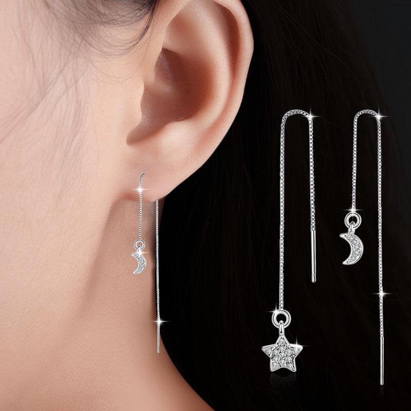 Korean Diamond-Studded Asymmetrical Star Moon Tassel Earrings
