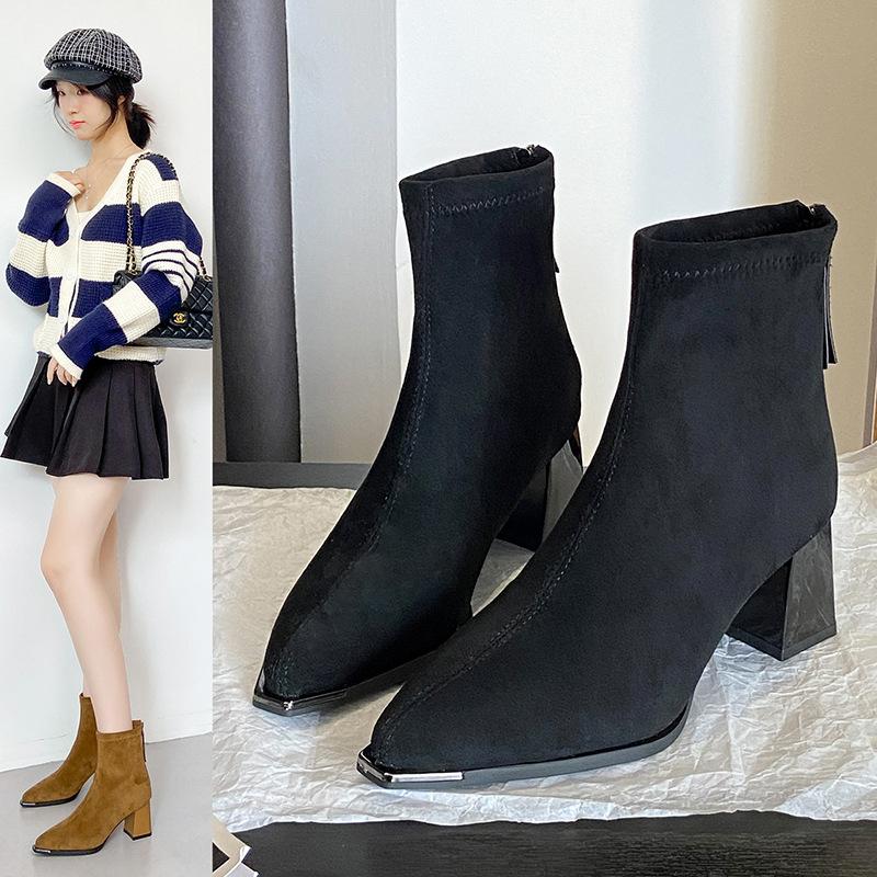 French retro suede short boots women's autumn and winter new thick heel thin Martin boots versatile high heel 