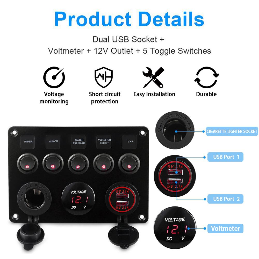 Boat Switch Panel Car Switch Panel Waterproof Digital Voltmeter Dual USB Port 12V Outlet Combination Marine LED Rocker 5 Gang
