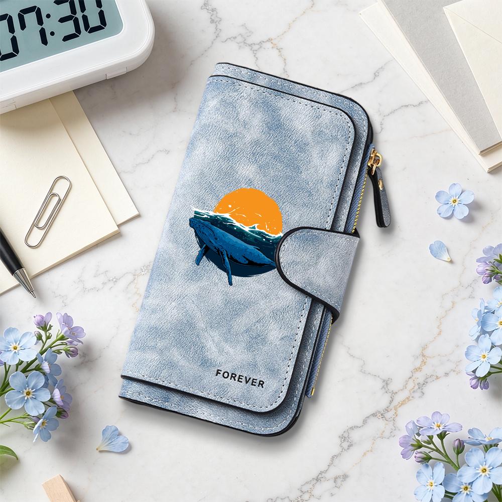 Women Long Wallet Cute Whale Sunset Pattern Card Holder Fashion Casual Portable Purse