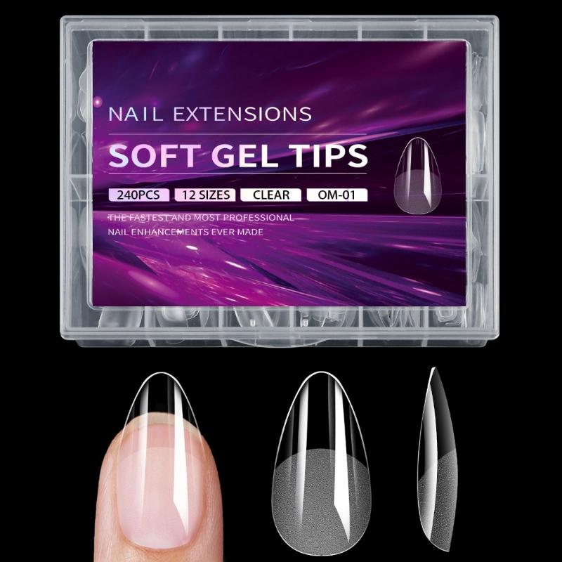 240Pcs Medium Almond Gel Nail Tips Full Cover Clear Acrylic Nails Gel Extensions 12 Sizes for Home Manicure
