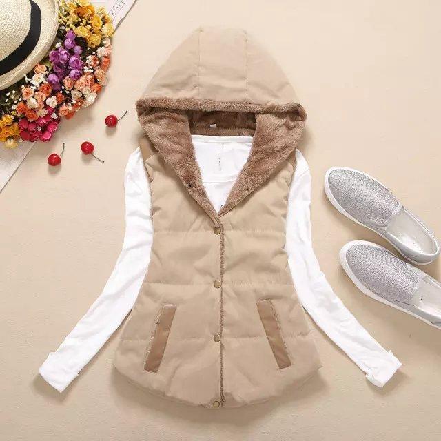 

Women s Autumn and Winter Pure Color Thickened Vest Hooded Warm Casual Outerwear XS хакі