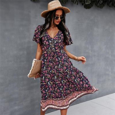 Bohemian Print Women Dress V Neck Short Sleeve High Waist Spring Summer S-XL