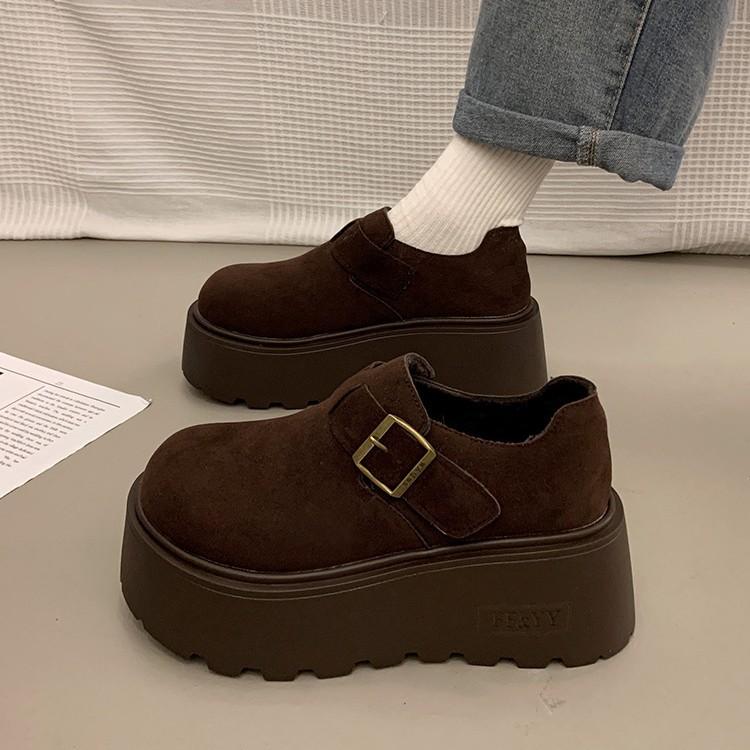 Height increasing thick soled Boken shoes for women 2026 new style big head versatile loafers with plush single shoes