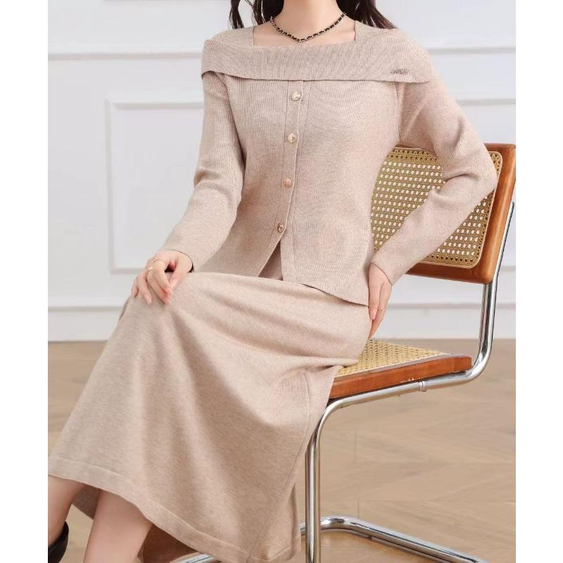 

Элегантный вязаный комплект из свитера с открытым плечом и юбки, женский, новый, с темпераментом, тонкий свитер-двойка на осень и зиму one size fits all абрикосовый