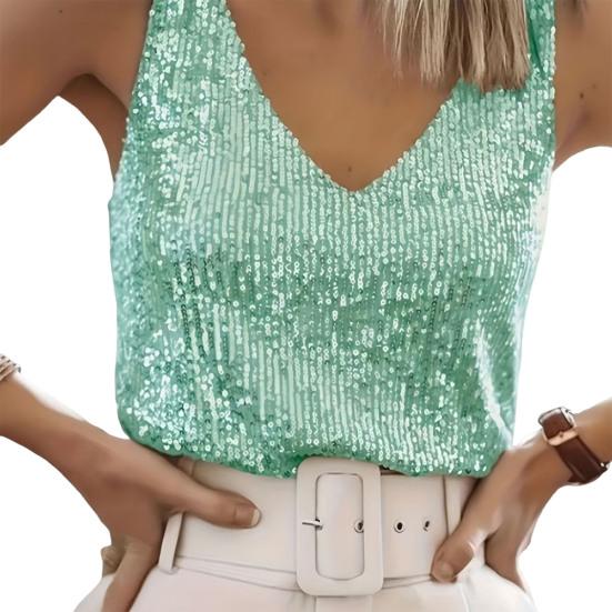 Women Vest Shiny Sequins Loose Fit Deep V Neck Sleeveless Tops Party Nightclub Stage Performance Camisole