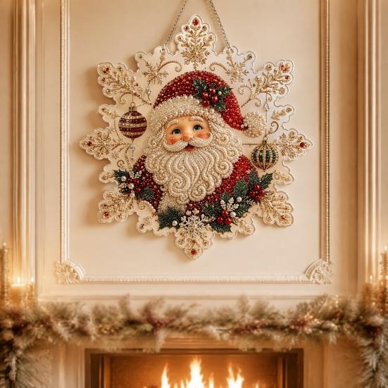 Handmade Christmas Tree Decor Faux Pearl Painting Suncatcher Kit, Acrylic Snowflake Shaped Board with Lace Relaxing Holiday Activity Edge, 3D Gemstone